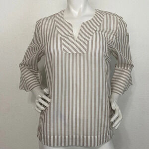 Chico's Beige White Split V-Neck Striped Bell Sleeve Popover Blouse Size 4